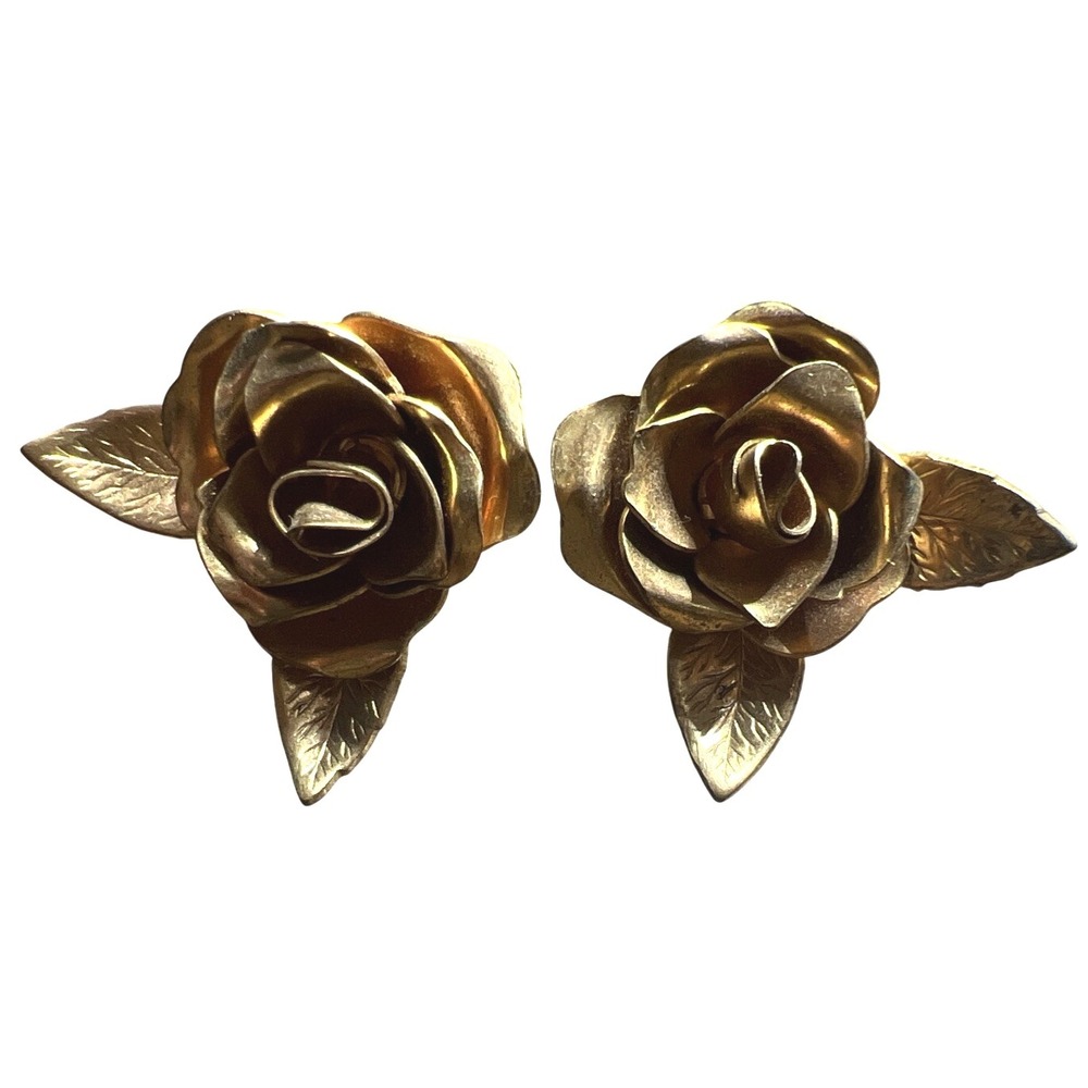 Coro Signed Floral Rose Petal Gold Tone Earrings Screw Back Vtg